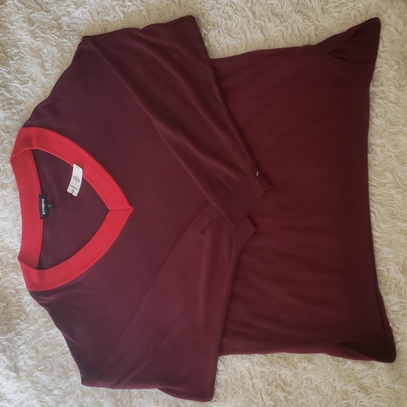 Express V Neck Pullover Sweater L Burgandy with Red Collar - Picture 7 of 7
